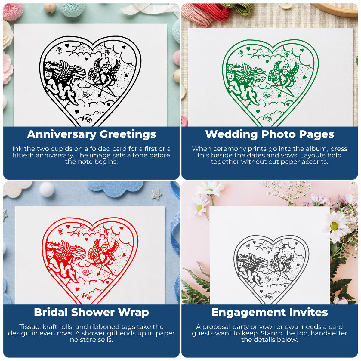 Heart with Two Cupids Rubber Stamp project ideas: Anniversary Greetings, Wedding Photo Pages, Bridal Shower Wrap and Engagement Invites.