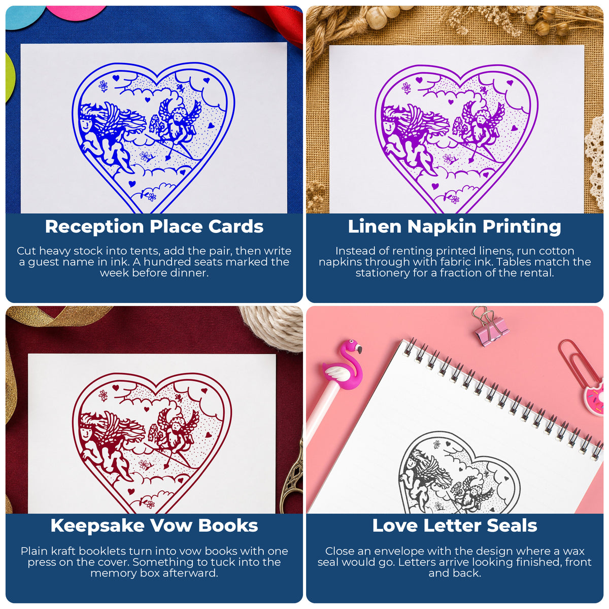Heart with Two Cupids Rubber Stamp project ideas: Reception Place Cards, Linen Napkin Printing, Keepsake Vow Books and Love Letter Seals.