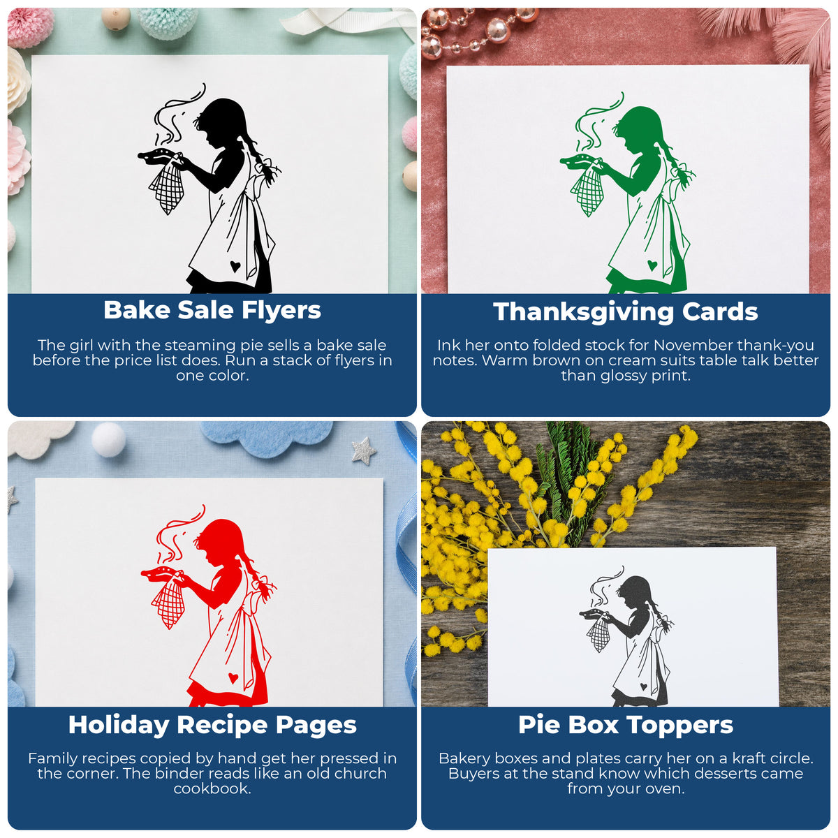 Girl Serving Pie Rubber Stamp project ideas: Bake Sale Flyers, Thanksgiving Cards, Holiday Recipe Pages and Pie Box Toppers.