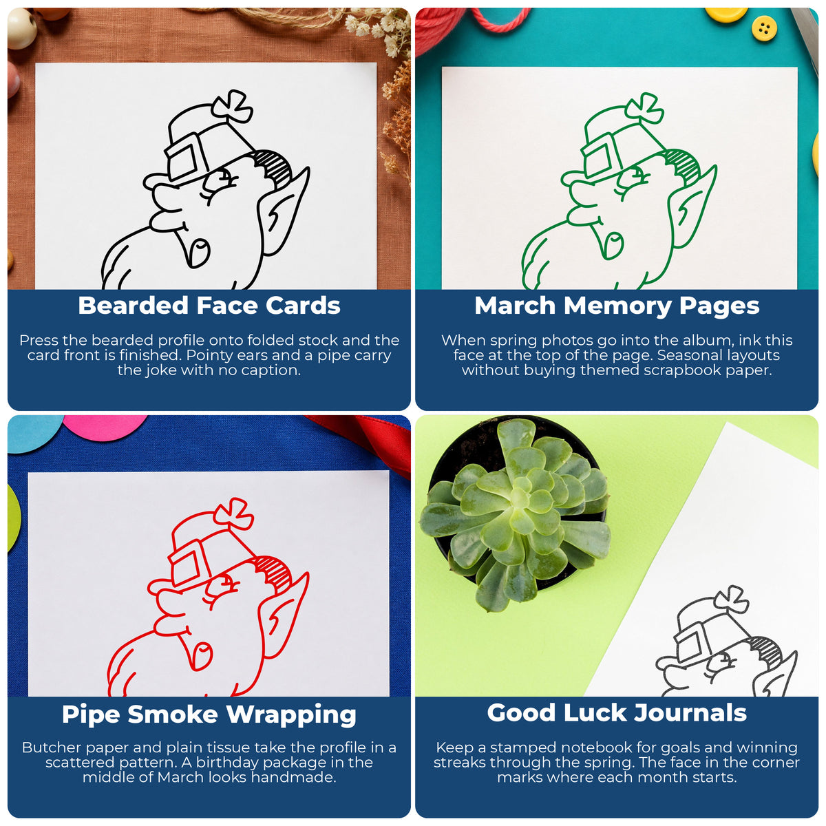 Leprechaun Head with Shamrock Hat Rubber Stamp project ideas: Bearded Face Cards, March Memory Pages, Pipe Smoke Wrapping and Good Luck Journals.