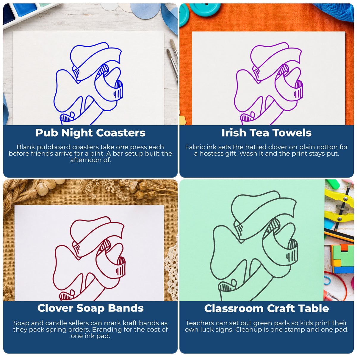 Shamrock with Leprechaun Hat Rubber Stamp project ideas: Pub Night Coasters, Irish Tea Towels, Clover Soap Bands and Classroom Craft Table.