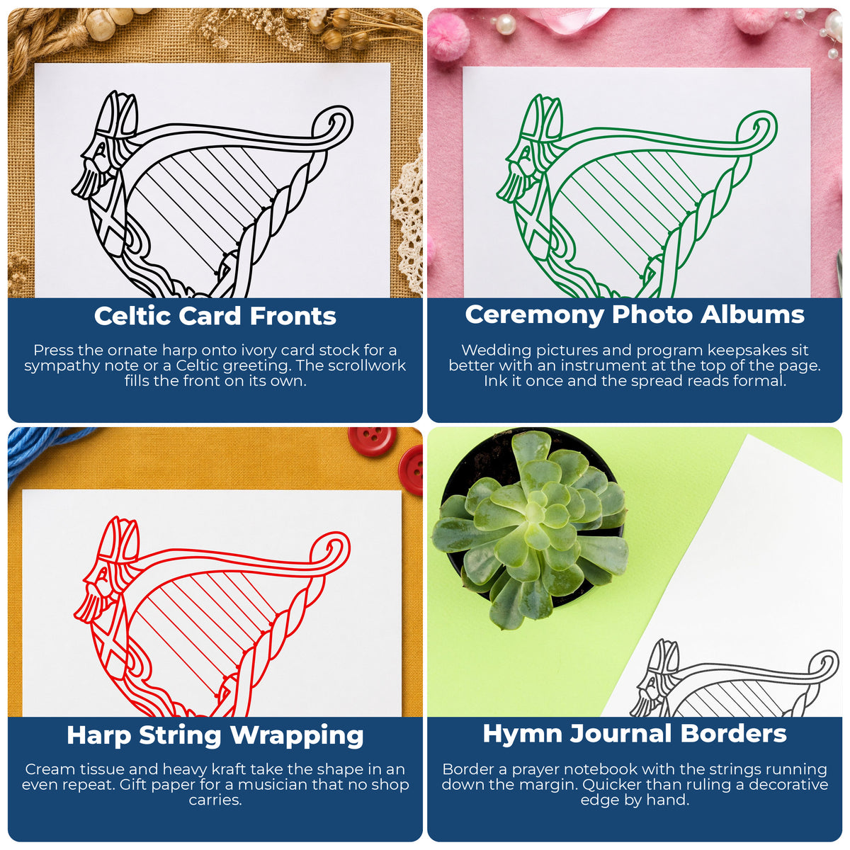 Decorative Harp Rubber Stamp project ideas: Celtic Card Fronts, Ceremony Photo Albums, Harp String Wrapping and Hymn Journal Borders.