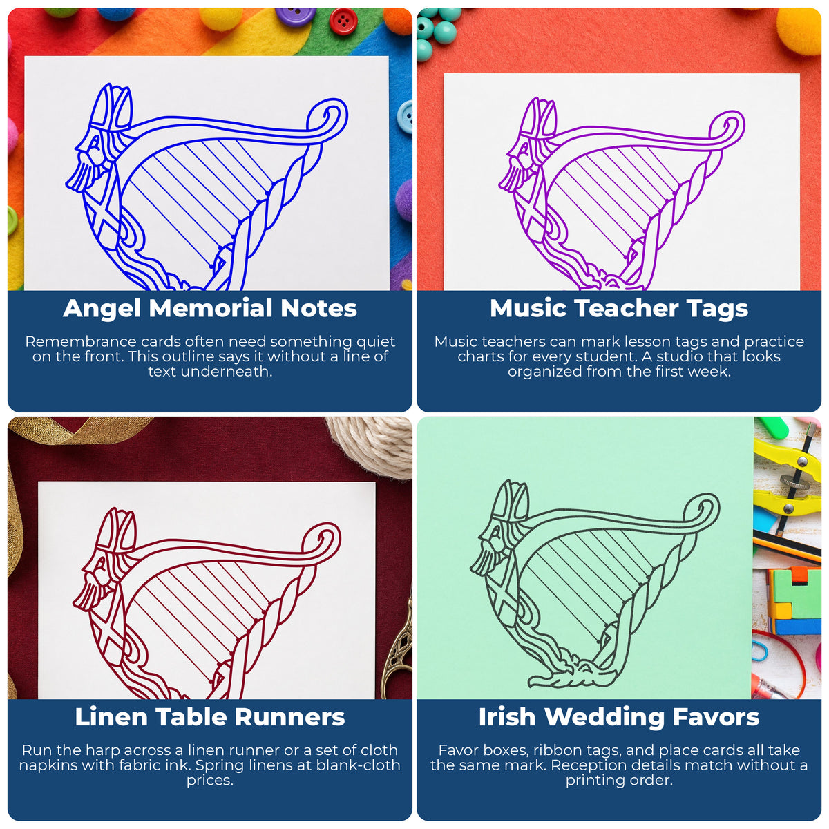 Decorative Harp Rubber Stamp project ideas: Angel Memorial Notes, Music Teacher Tags, Linen Table Runners and Irish Wedding Favors.
