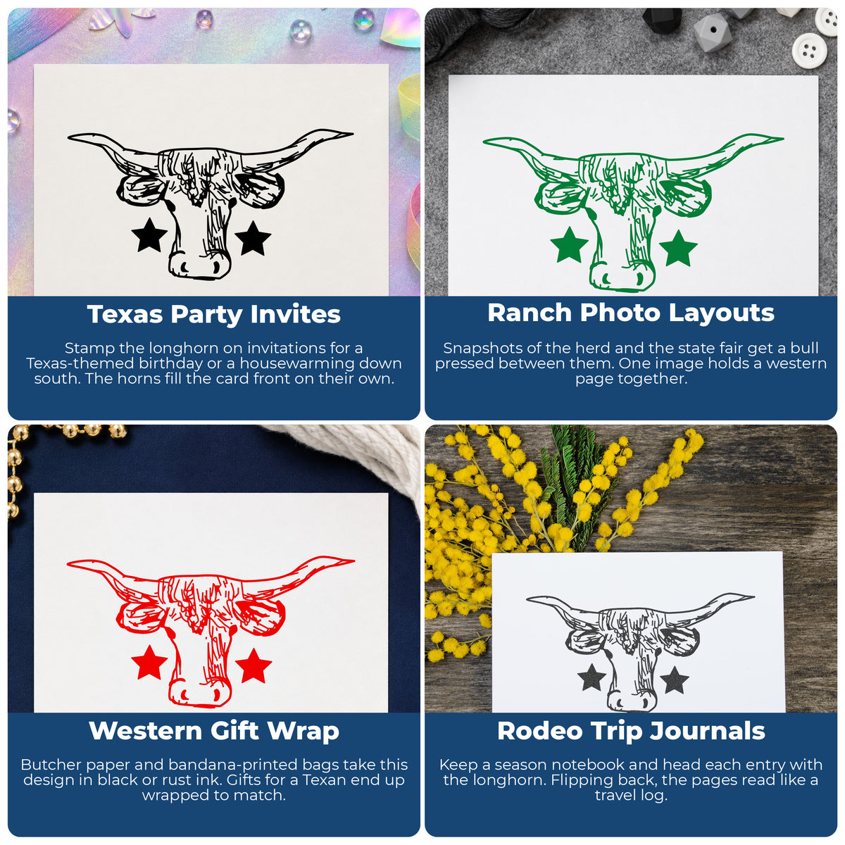 Lone Star Longhorn Bull Rubber Stamp project ideas: Texas Party Invites, Ranch Photo Layouts, Western Gift Wrap and Rodeo Trip Journals.