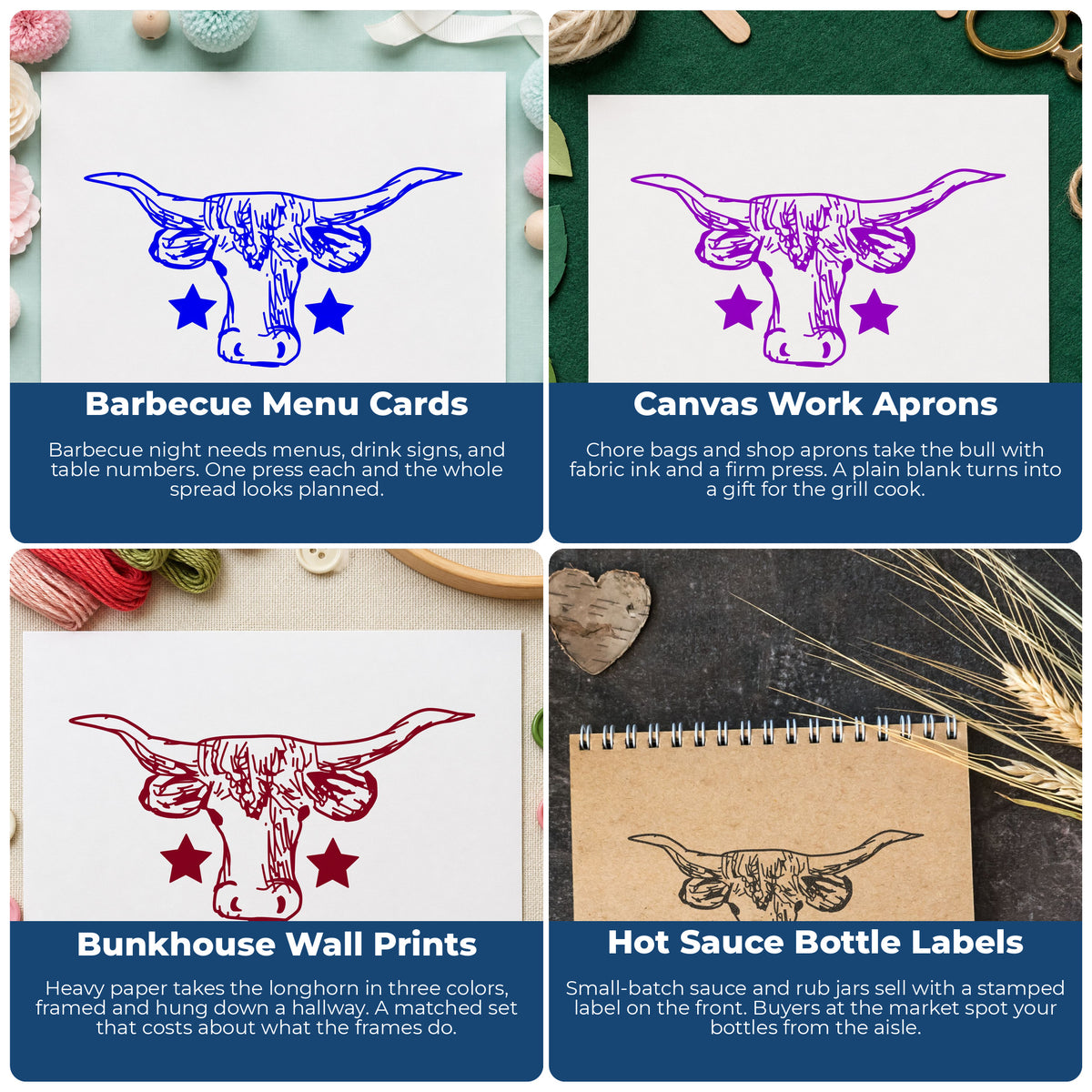 Lone Star Longhorn Bull Rubber Stamp project ideas: Barbecue Menu Cards, Canvas Work Aprons, Bunkhouse Wall Prints and Hot Sauce Bottle Labels.