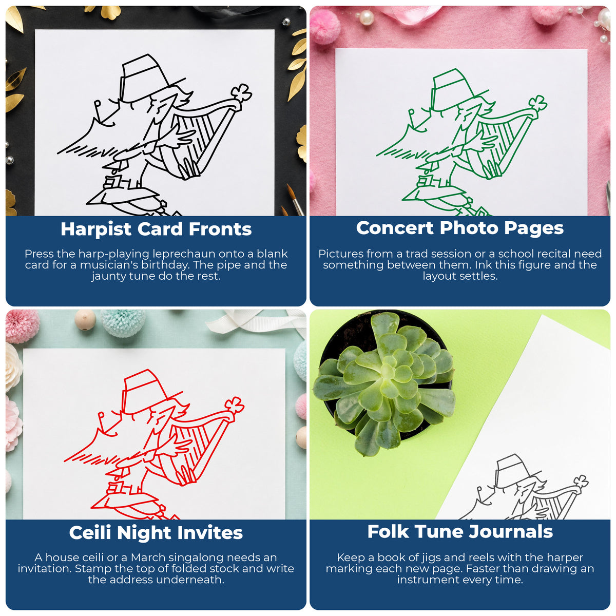 Leprechaun Playing Harp Rubber Stamp project ideas: Harpist Card Fronts, Concert Photo Pages, Ceili Night Invites and Folk Tune Journals.