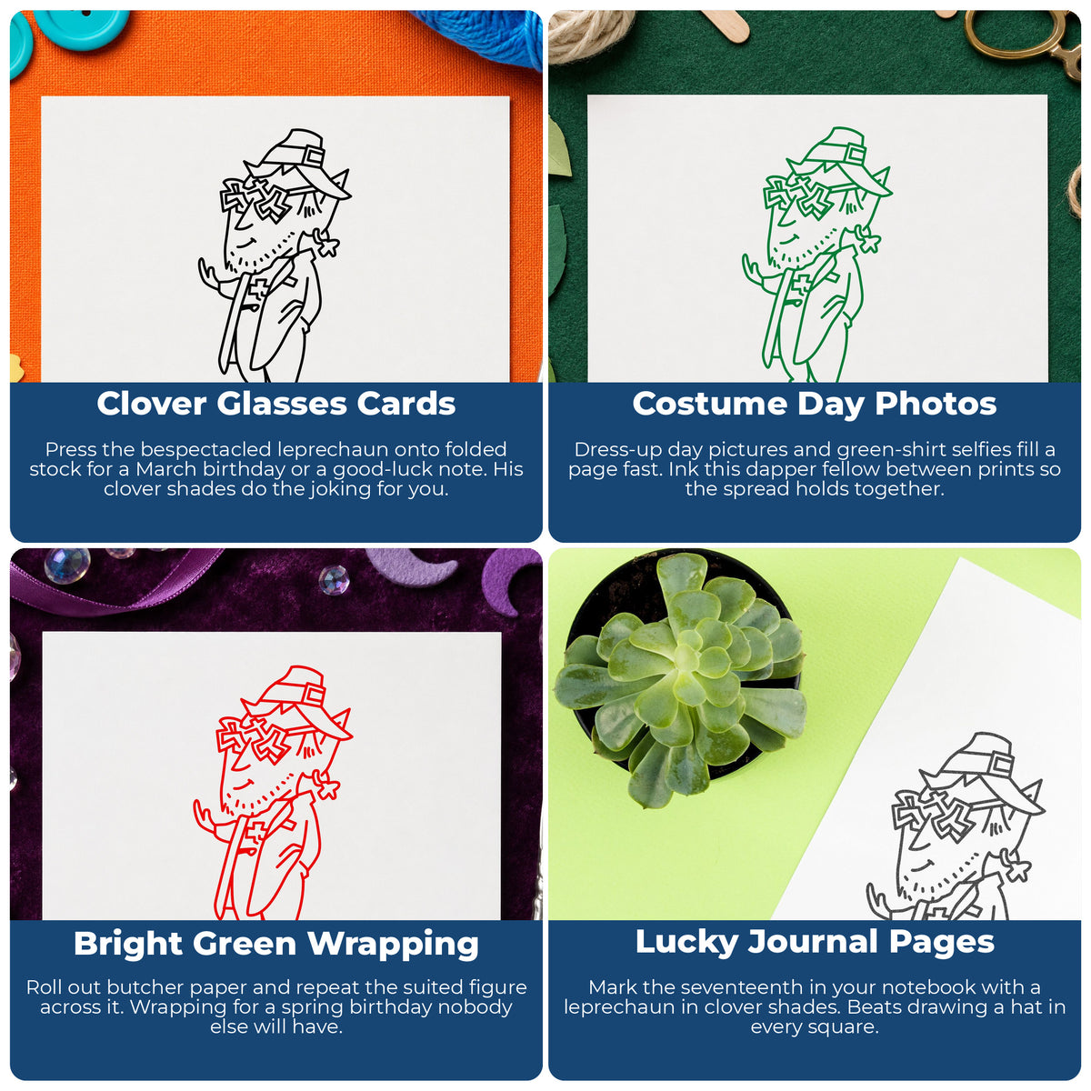 Leprechaun with Shamrock Glasses Rubber Stamp project ideas: Clover Glasses Cards, Costume Day Photos, Bright Green Wrapping and Lucky Journal Pages.