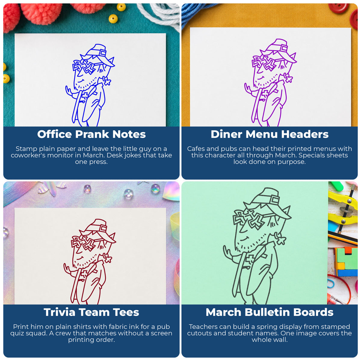 Leprechaun with Shamrock Glasses Rubber Stamp project ideas: Office Prank Notes, Diner Menu Headers, Trivia Team Tees and March Bulletin Boards.
