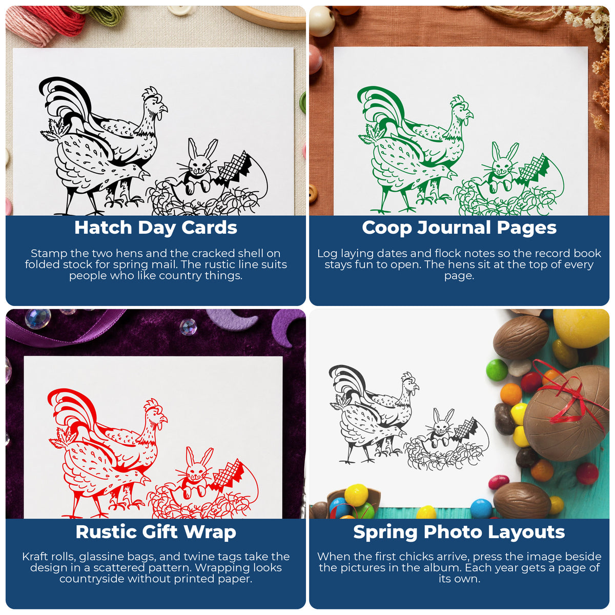 Chickens and Bunny in Easter Egg Rubber Stamp project ideas: Hatch Day Cards, Coop Journal Pages, Rustic Gift Wrap and Spring Photo Layouts.