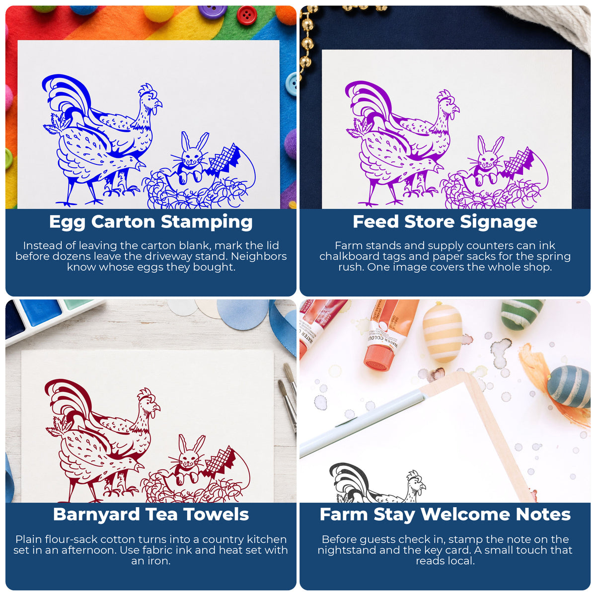 Chickens and Bunny in Easter Egg Rubber Stamp project ideas: Egg Carton Stamping, Feed Store Signage, Barnyard Tea Towels and Farm Stay Welcome Notes.