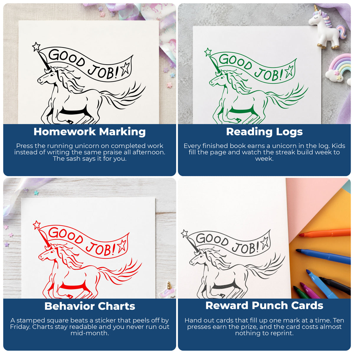 Good Job Unicorn Rubber Stamp project ideas: Homework Marking, Reading Logs, Behavior Charts and Reward Punch Cards.