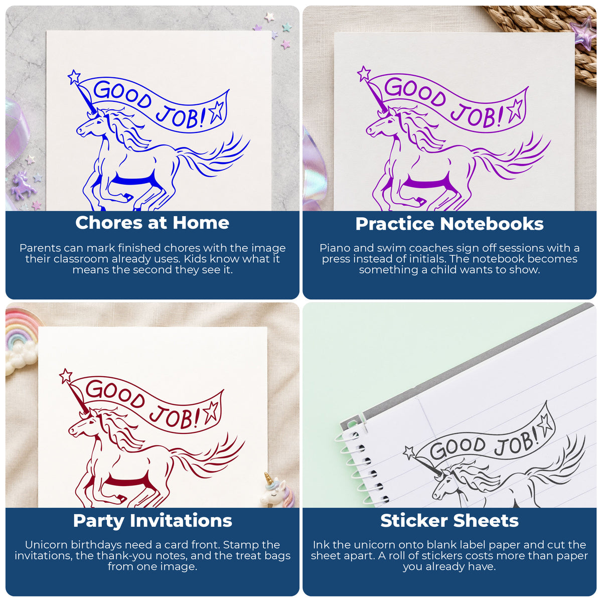 Good Job Unicorn Rubber Stamp project ideas: Chores at Home, Practice Notebooks, Party Invitations and Sticker Sheets.