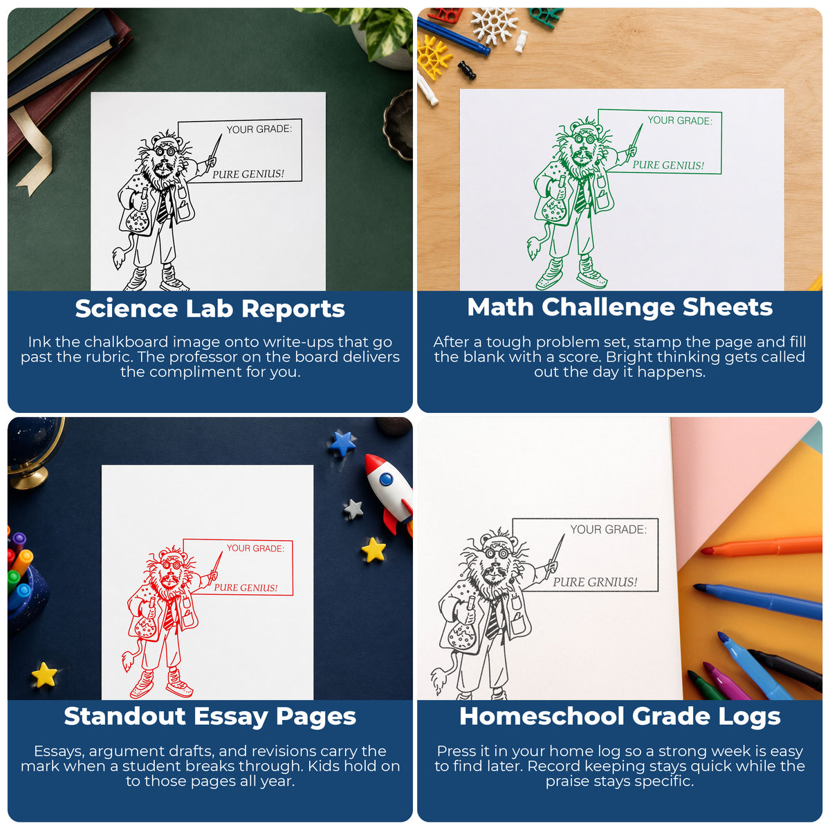 Your Grade Pure Genius Lion Rubber Stamp project ideas: Science Lab Reports, Math Challenge Sheets, Standout Essay Pages and Homeschool Grade Logs.