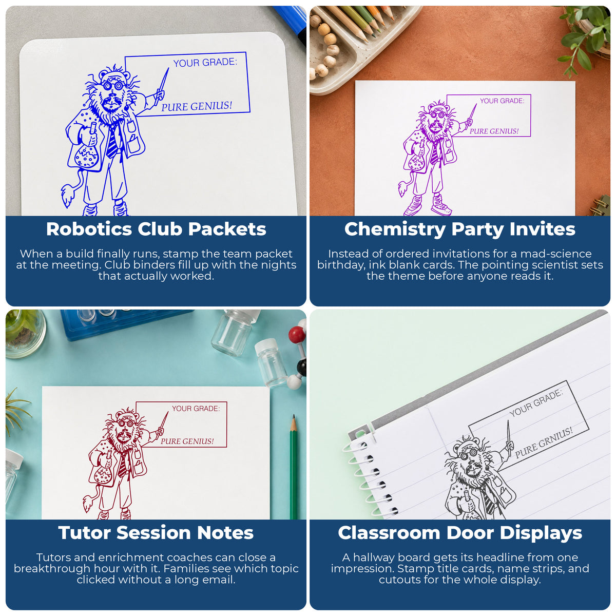 Your Grade Pure Genius Lion Rubber Stamp project ideas: Robotics Club Packets, Chemistry Party Invites, Tutor Session Notes and Classroom Door Displays.
