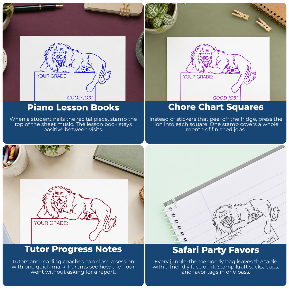 Your Grade Good Job Lion Rubber Stamp project ideas: Piano Lesson Books, Chore Chart Squares, Tutor Progress Notes and Safari Party Favors.