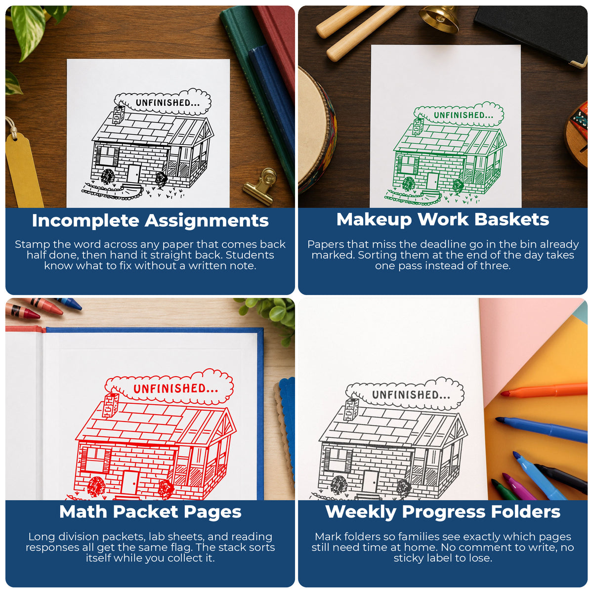 Unfinished Work Reminder Rubber Stamp project ideas: Incomplete Assignments, Makeup Work Baskets, Math Packet Pages and Weekly Progress Folders.