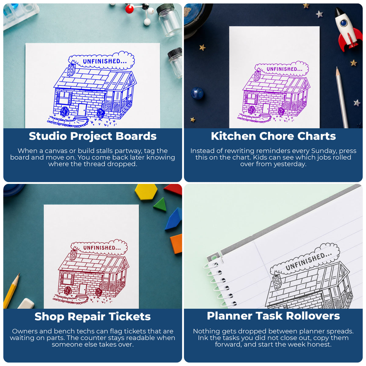 Unfinished Work Reminder Rubber Stamp project ideas: Studio Project Boards, Kitchen Chore Charts, Shop Repair Tickets and Planner Task Rollovers.