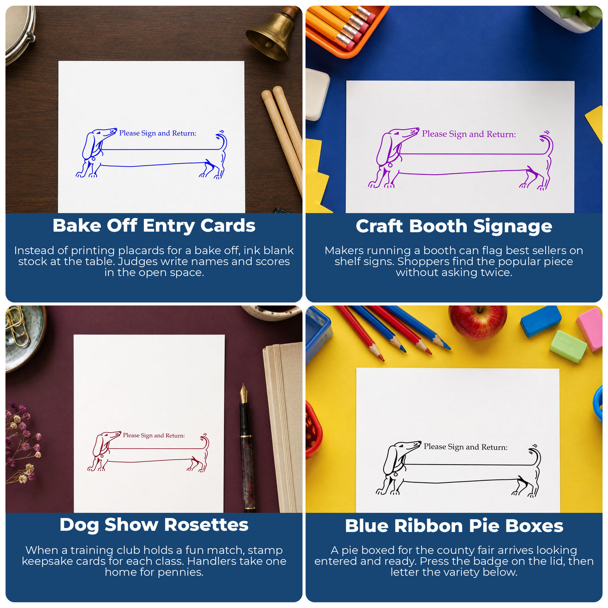 Blank Award Ribbon Rubber Stamp project ideas: Bake Off Entry Cards, Craft Booth Signage, Dog Show Rosettes and Blue Ribbon Pie Boxes.