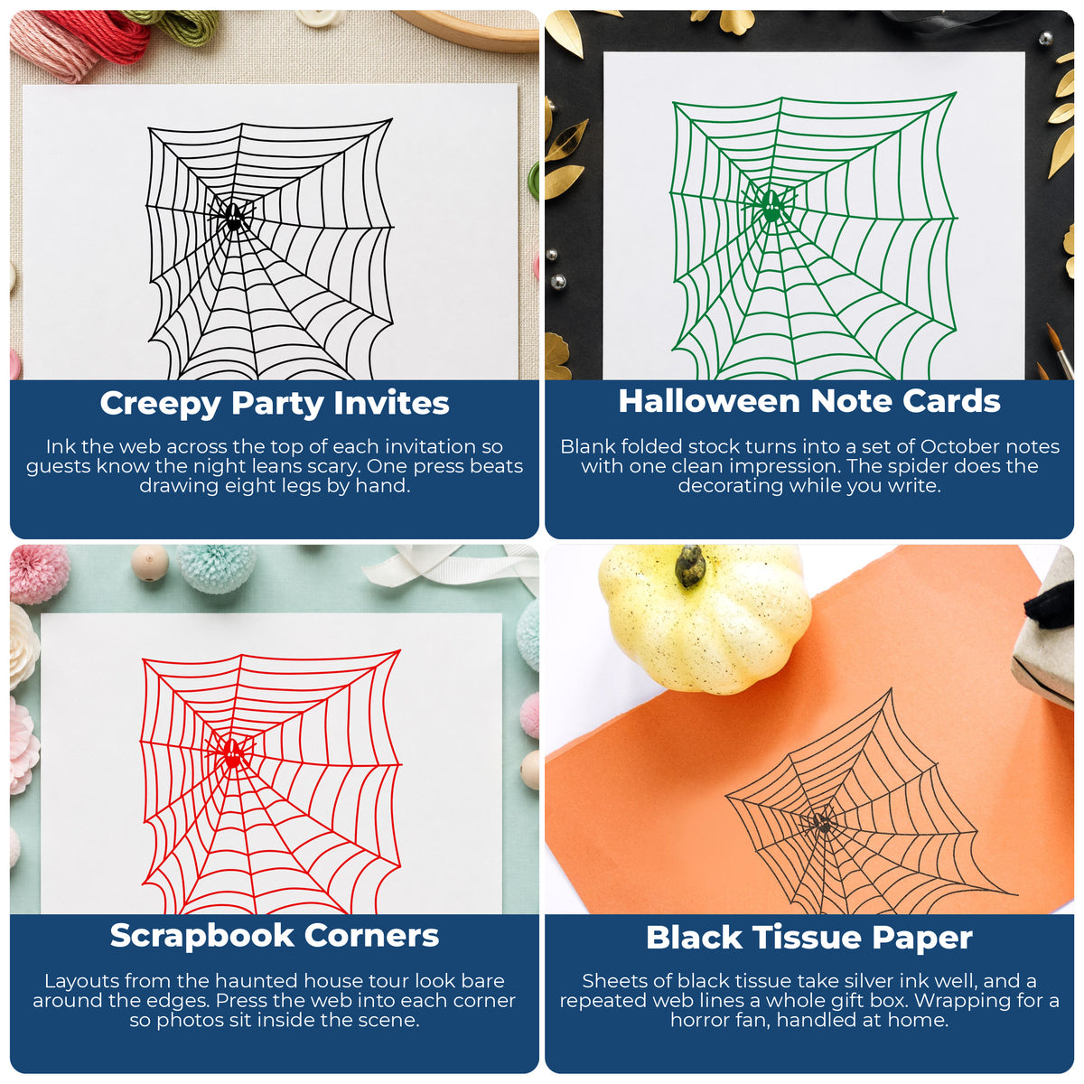 Spider and Web Halloween Rubber Stamp project ideas: Creepy Party Invites, Halloween Note Cards, Scrapbook Corners and Black Tissue Paper.