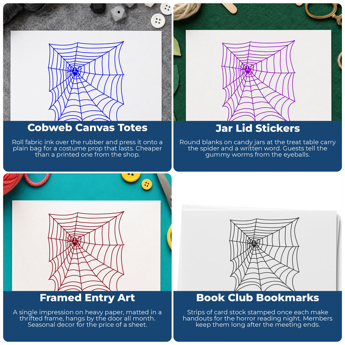 Spider and Web Halloween Rubber Stamp project ideas: Cobweb Canvas Totes, Jar Lid Stickers, Framed Entry Art and Book Club Bookmarks.