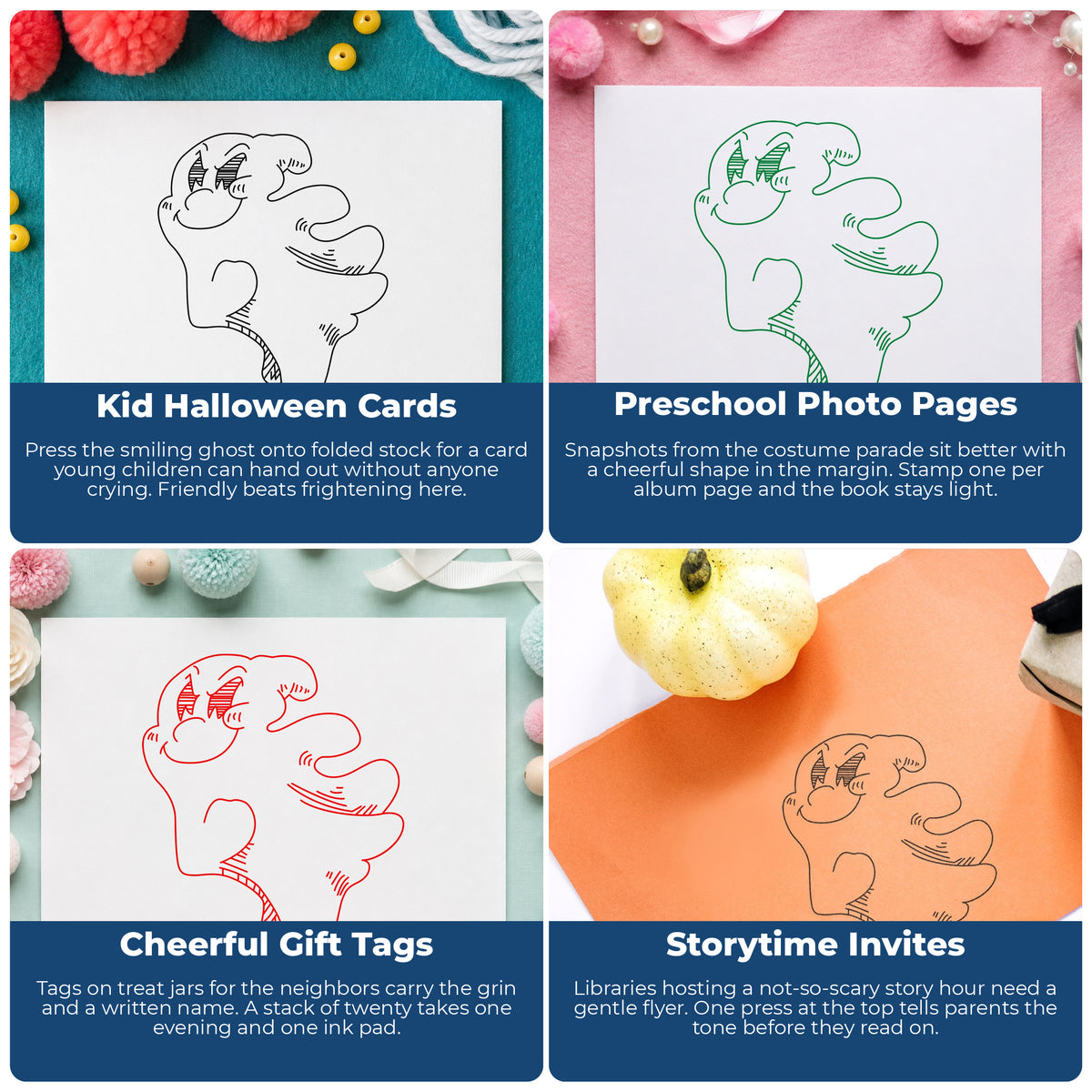 Friendly Smiling Ghost Rubber Stamp project ideas: Kid Halloween Cards, Preschool Photo Pages, Cheerful Gift Tags and Storytime Invites.