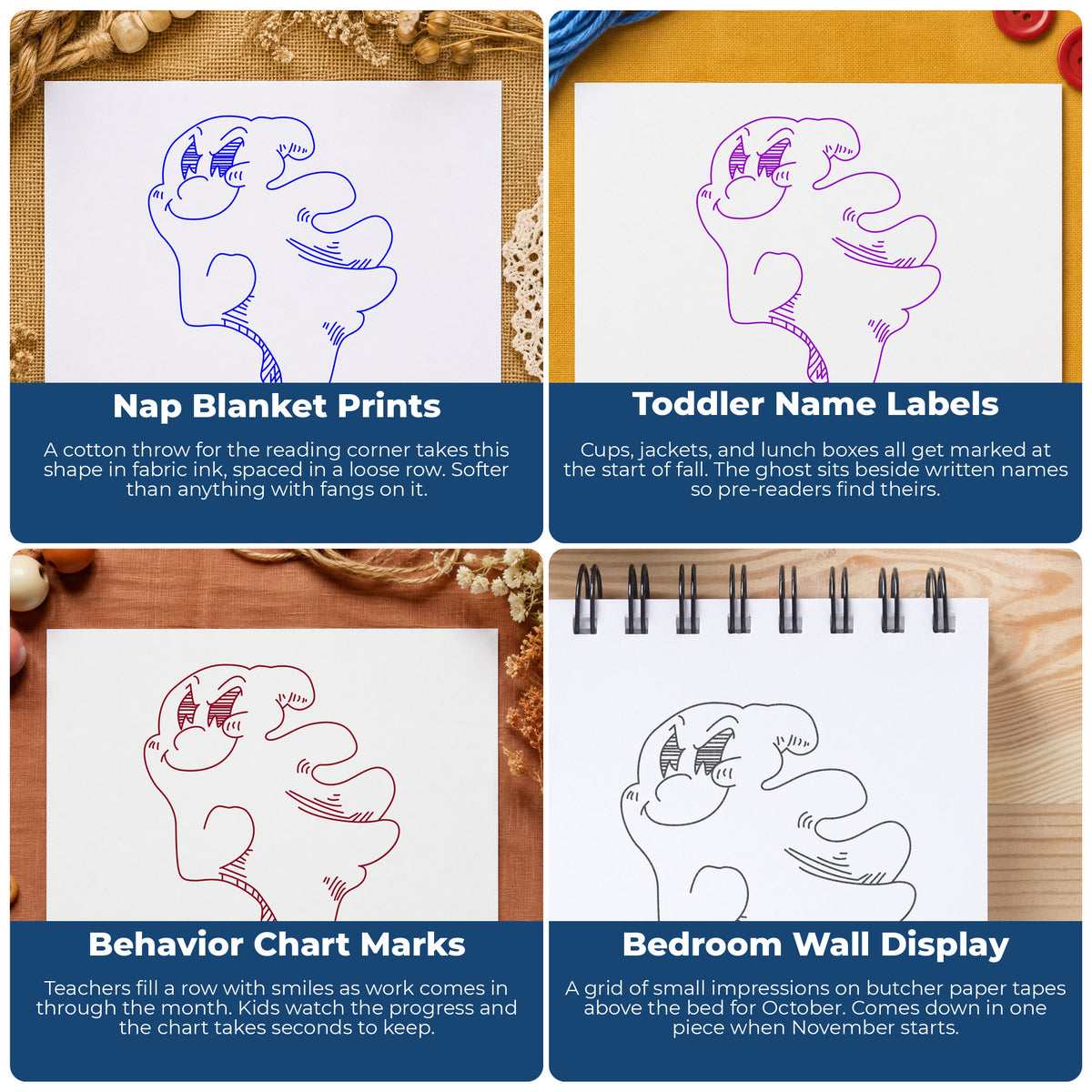 Friendly Smiling Ghost Rubber Stamp project ideas: Nap Blanket Prints, Toddler Name Labels, Behavior Chart Marks and Bedroom Wall Display.