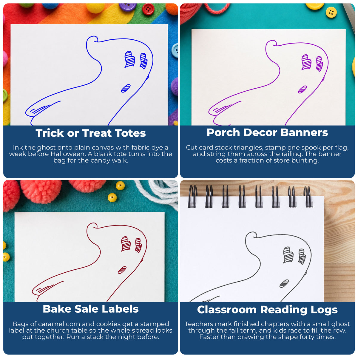 Spooky Ghost Rubber Stamp project ideas: Trick or Treat Totes, Porch Decor Banners, Bake Sale Labels and Classroom Reading Logs.