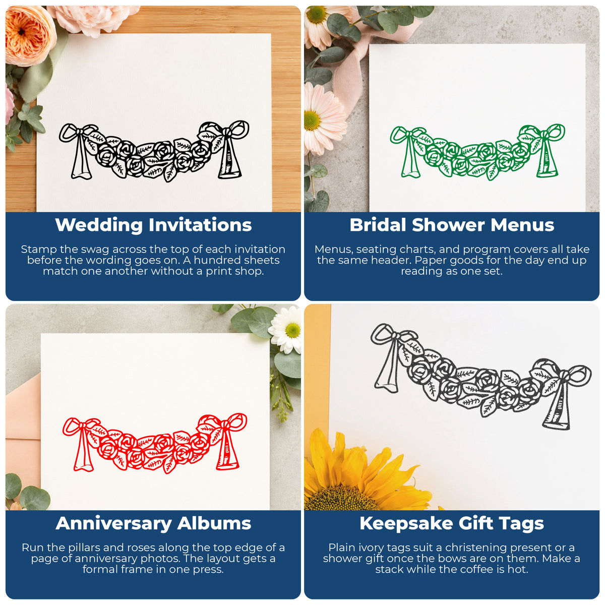 Rose Swag with Bows Rubber Stamp project ideas: Wedding Invitations, Bridal Shower Menus, Anniversary Albums and Keepsake Gift Tags.