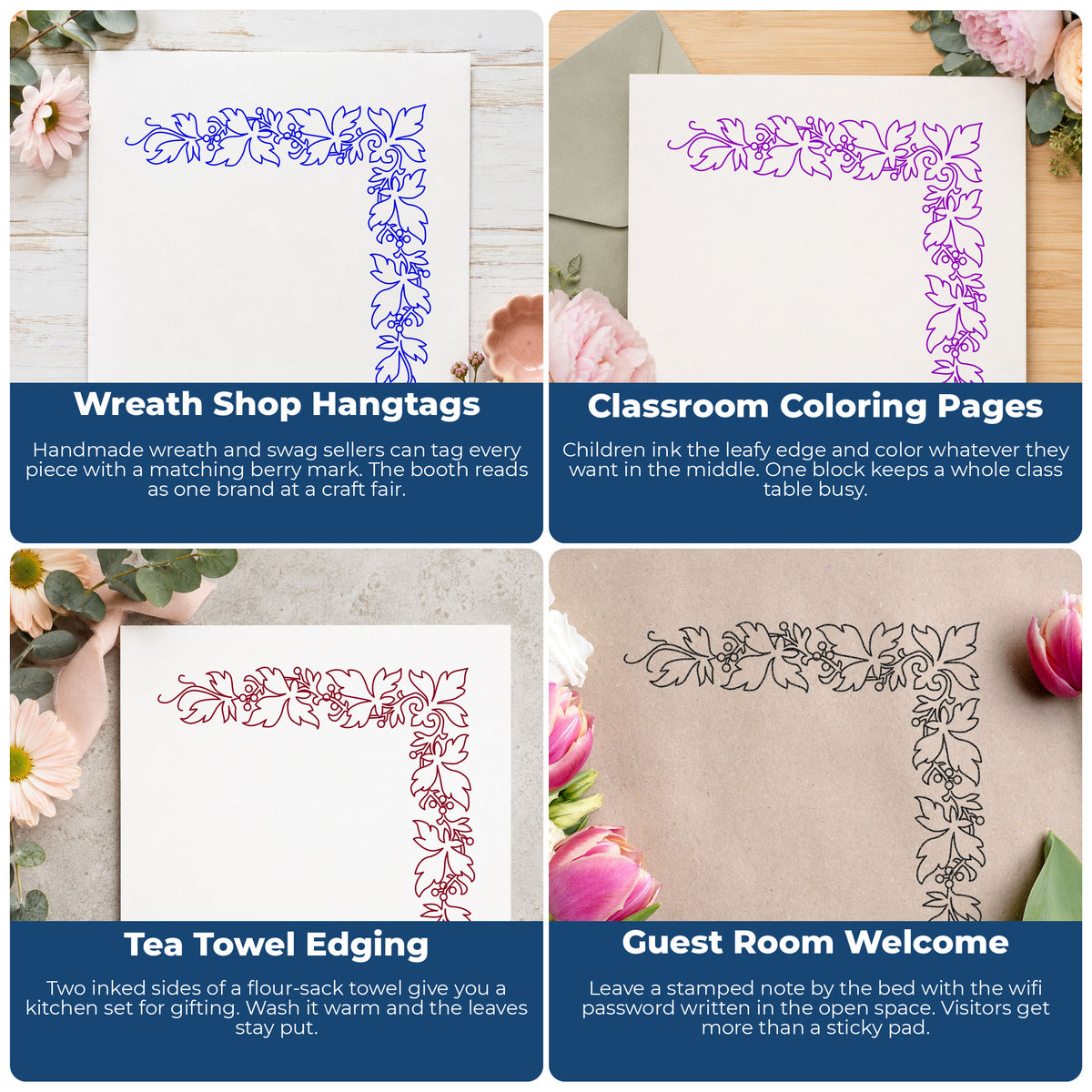 Open Leaf Corner Border Rubber Stamp project ideas: Wreath Shop Hangtags, Classroom Coloring Pages, Tea Towel Edging and Guest Room Welcome.