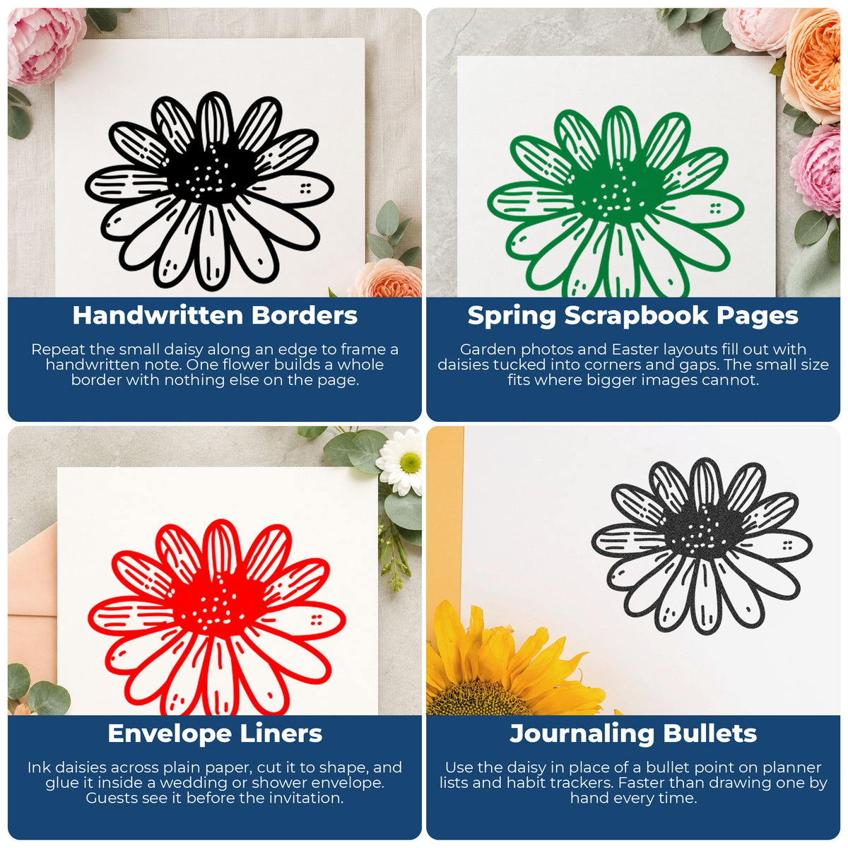 Daisy Flower Rubber Stamp Small project ideas: Handwritten Borders, Spring Scrapbook Pages, Envelope Liners and Journaling Bullets.