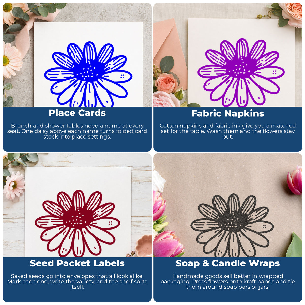 Daisy Flower Rubber Stamp Small project ideas: Place Cards, Fabric Napkins, Seed Packet Labels and Soap & Candle Wraps.