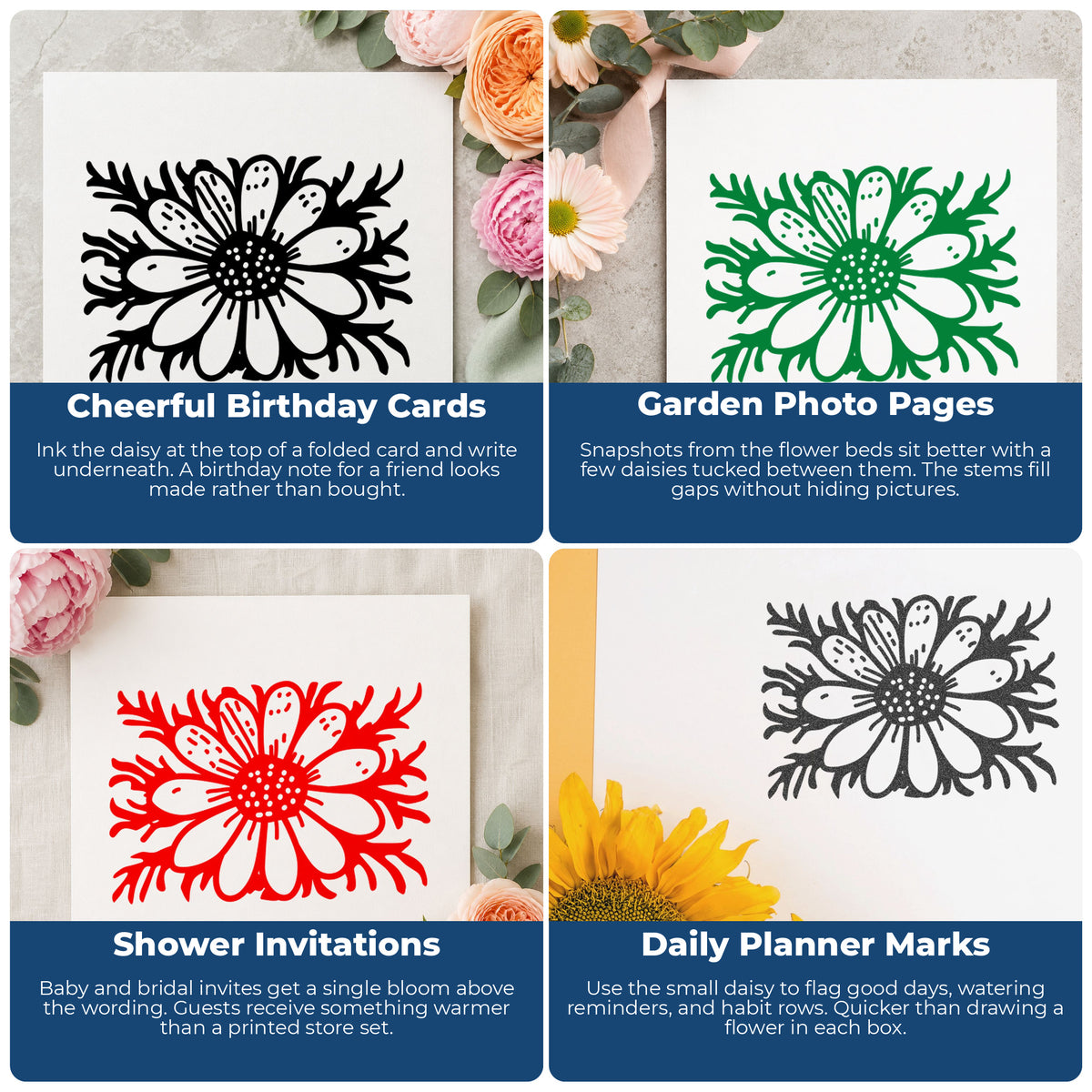 Daisy with Stem Rubber Stamp Small project ideas: Cheerful Birthday Cards, Garden Photo Pages, Shower Invitations and Daily Planner Marks.