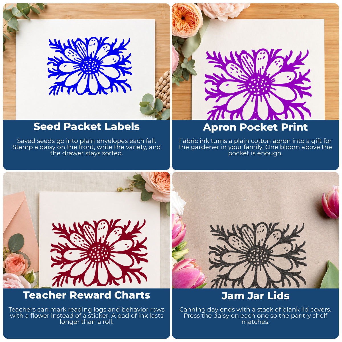 Daisy with Stem Rubber Stamp Small project ideas: Seed Packet Labels, Apron Pocket Print, Teacher Reward Charts and Jam Jar Lids.