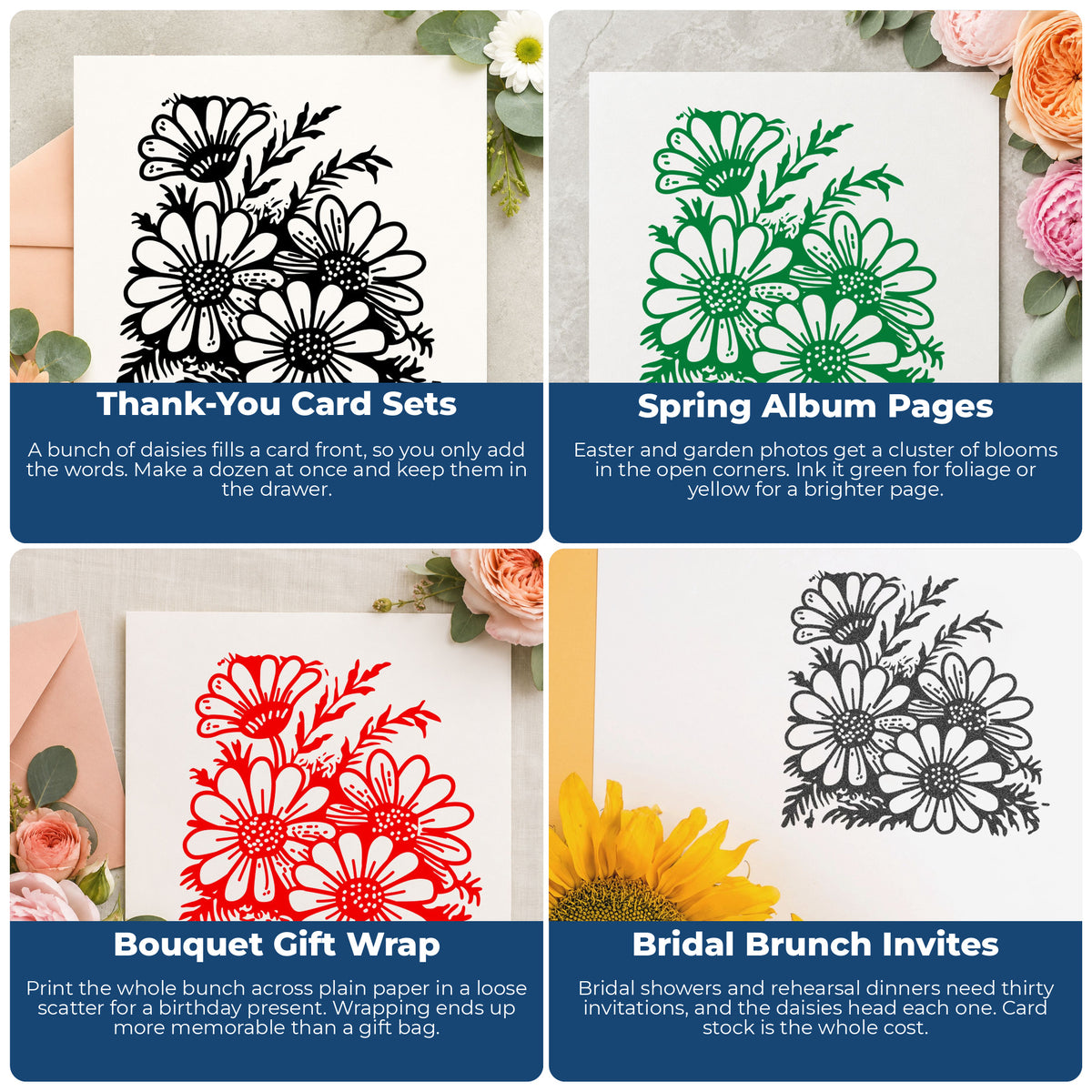Four Daisy Blooms Rubber Stamp project ideas: Thank-You Card Sets, Spring Album Pages, Bouquet Gift Wrap and Bridal Brunch Invites.
