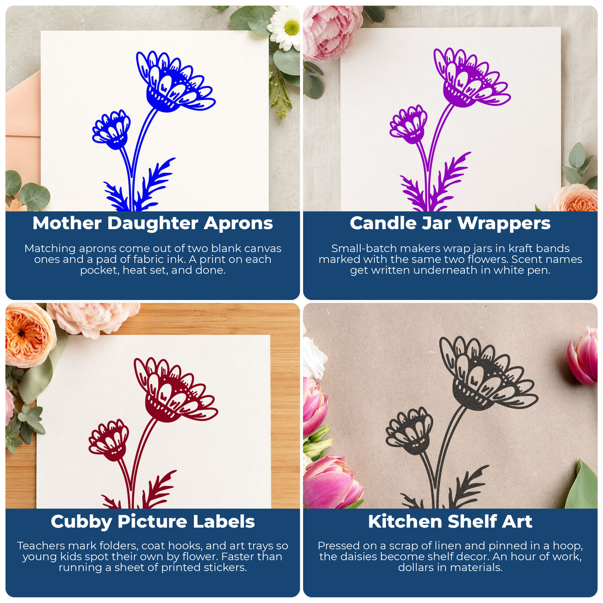 Two Daisies on a Stem Rubber Stamp project ideas: Mother Daughter Aprons, Candle Jar Wrappers, Cubby Picture Labels and Kitchen Shelf Art.