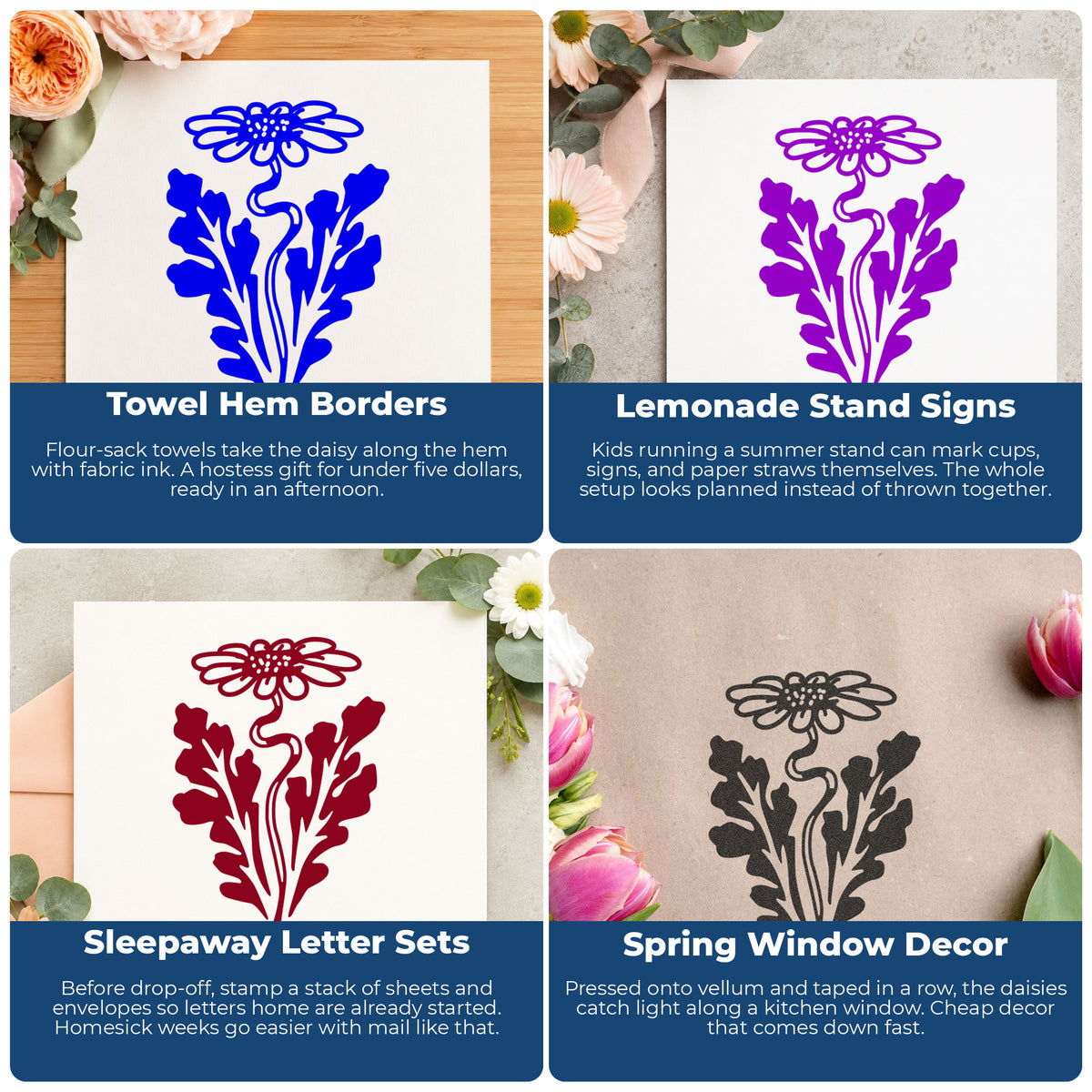 Daisy with Leaf Rubber Stamp project ideas: Towel Hem Borders, Lemonade Stand Signs, Sleepaway Letter Sets and Spring Window Decor.