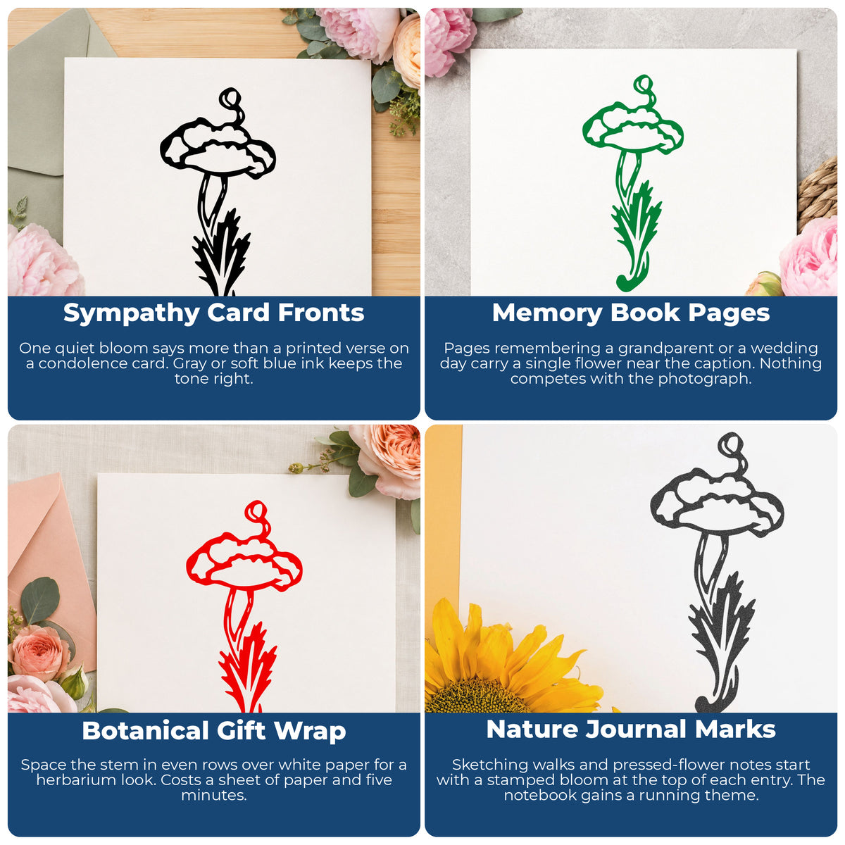 Single Flower with Stem Rubber Stamp project ideas: Sympathy Card Fronts, Memory Book Pages, Botanical Gift Wrap and Nature Journal Marks.
