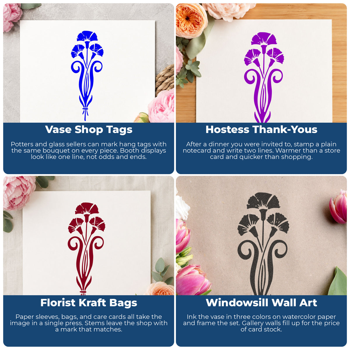 Three Flowers in a Vase Rubber Stamp project ideas: Vase Shop Tags, Hostess Thank-Yous, Florist Kraft Bags and Windowsill Wall Art.