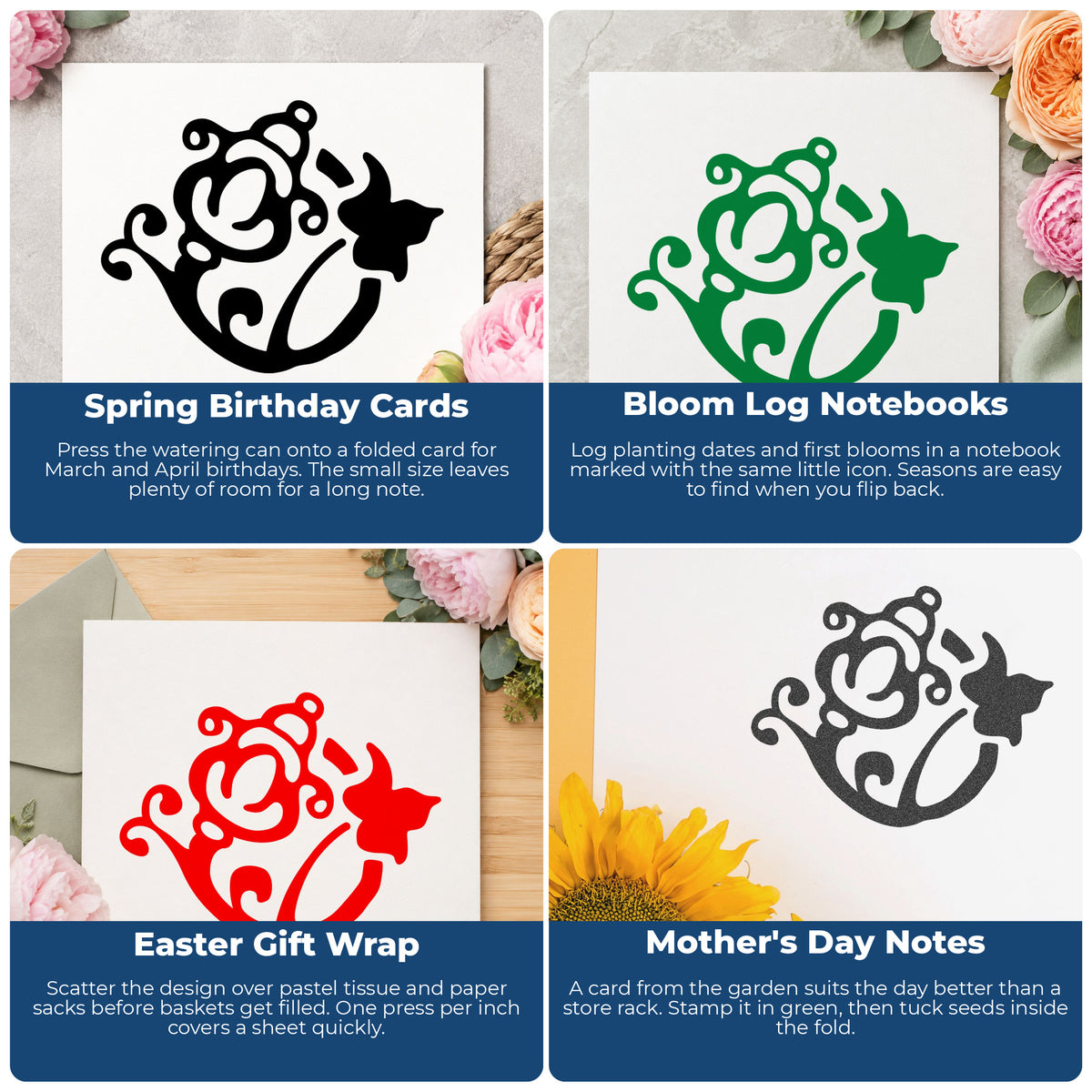 Flower and Watering Can Rubber Stamp project ideas: Spring Birthday Cards, Bloom Log Notebooks, Easter Gift Wrap and Mother's Day Notes.