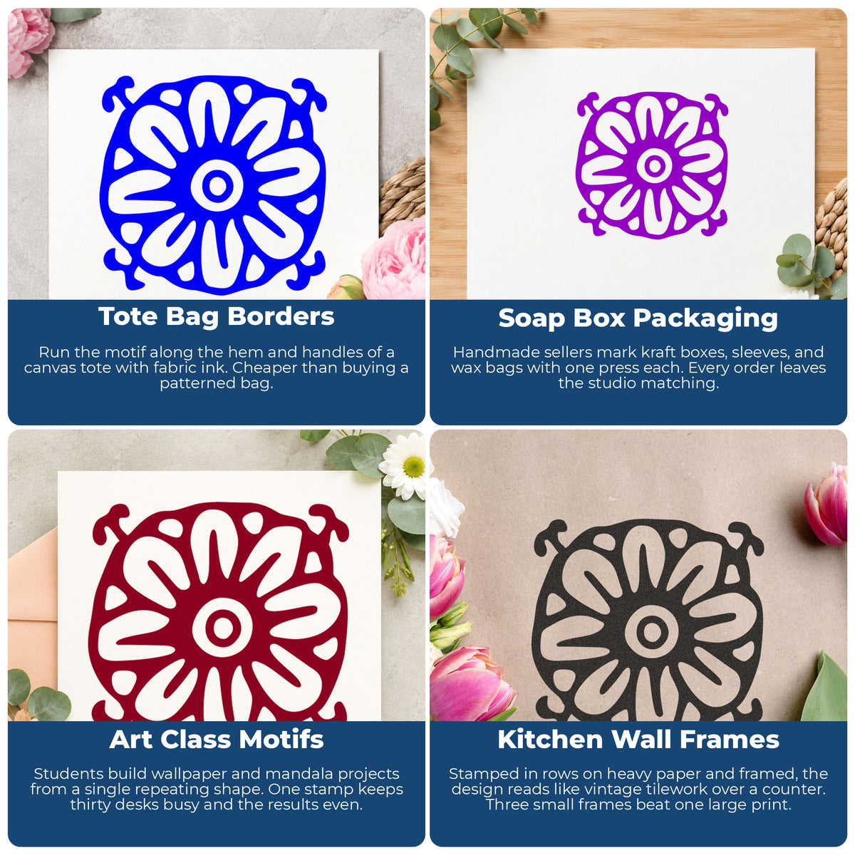 Square Flower Motif Rubber Stamp project ideas: Tote Bag Borders, Soap Box Packaging, Art Class Motifs and Kitchen Wall Frames.