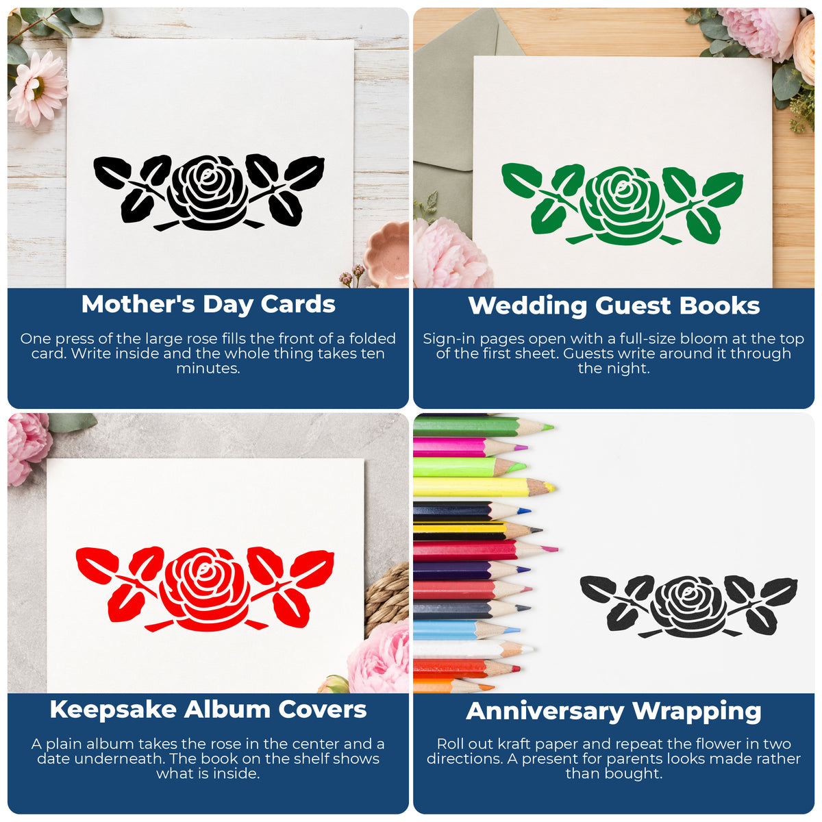Rose Flower Rubber Stamp Large project ideas: Mother's Day Cards, Wedding Guest Books, Keepsake Album Covers and Anniversary Wrapping.