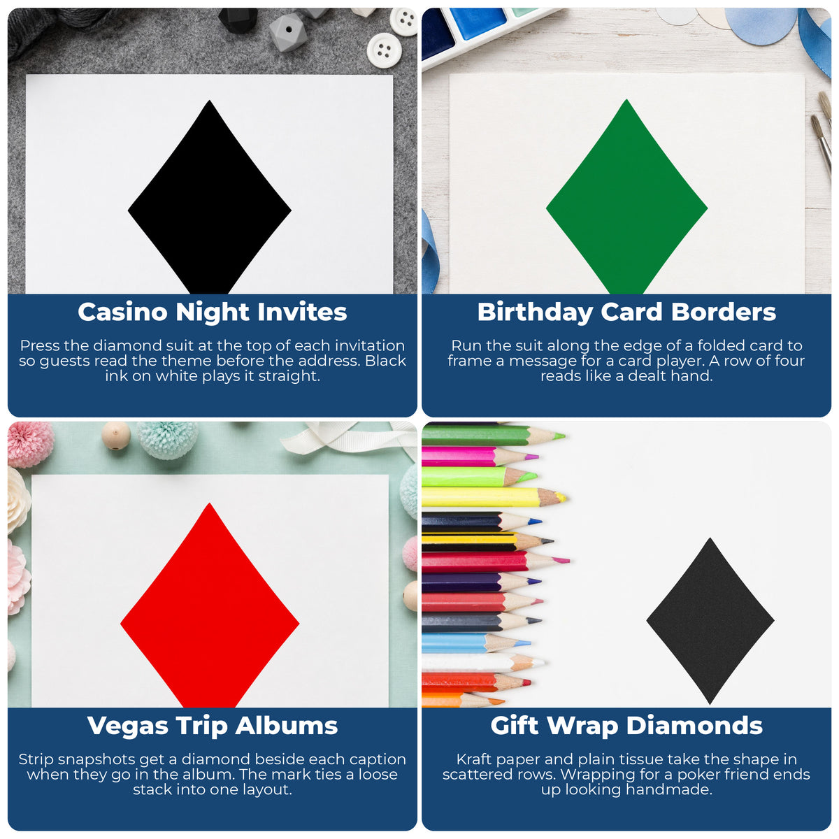 Playing Card Diamond Rubber Stamp project ideas: Casino Night Invites, Birthday Card Borders, Vegas Trip Albums and Gift Wrap Diamonds.