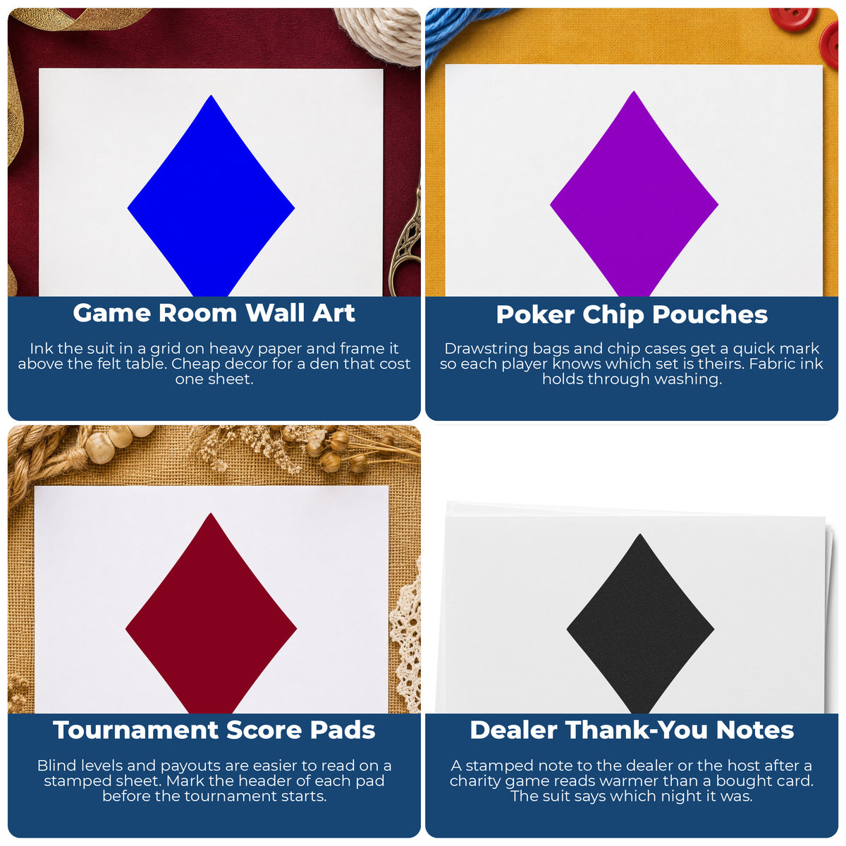 Playing Card Diamond Rubber Stamp project ideas: Game Room Wall Art, Poker Chip Pouches, Tournament Score Pads and Dealer Thank-You Notes.