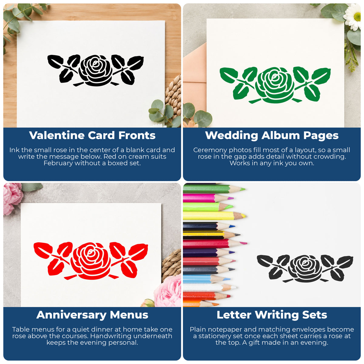 Rose with Leaves Rubber Stamp Small project ideas: Valentine Card Fronts, Wedding Album Pages, Anniversary Menus and Letter Writing Sets.