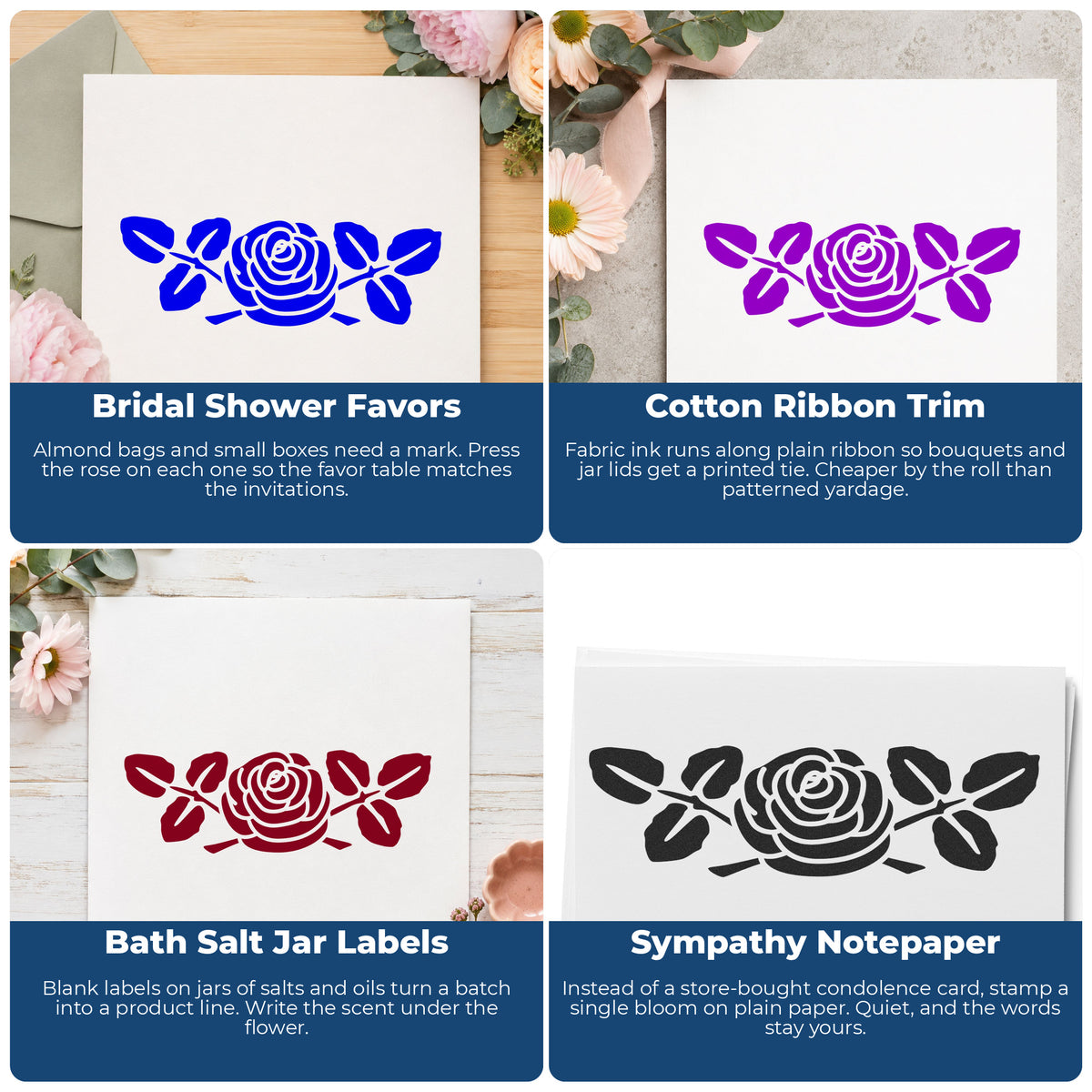 Rose with Leaves Rubber Stamp Small project ideas: Bridal Shower Favors, Cotton Ribbon Trim, Bath Salt Jar Labels and Sympathy Notepaper.