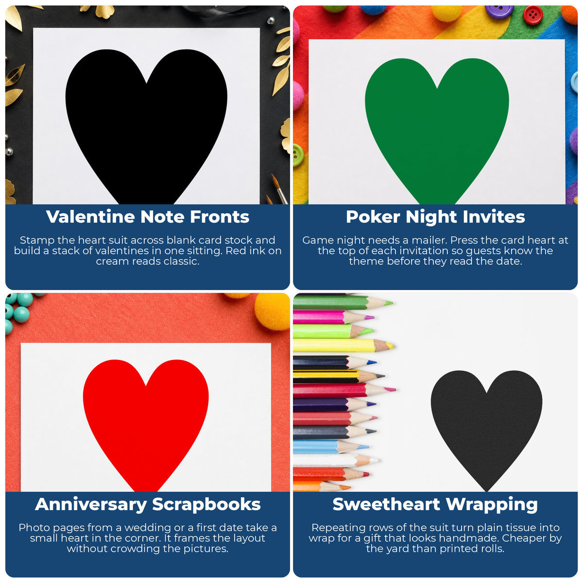 Playing Card Heart Rubber Stamp project ideas: Valentine Note Fronts, Poker Night Invites, Anniversary Scrapbooks and Sweetheart Wrapping.