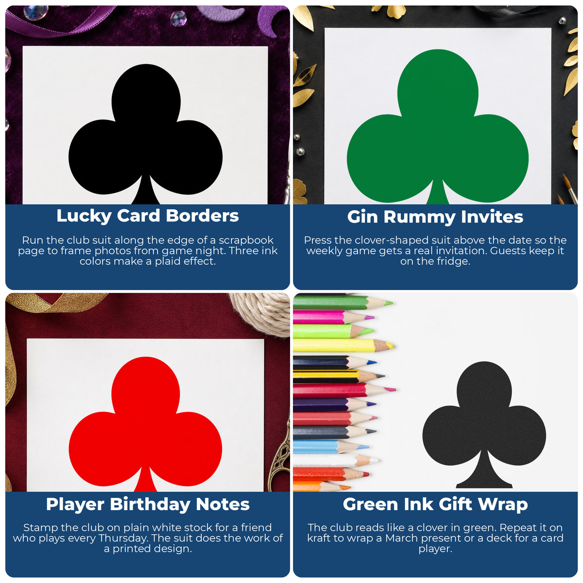 Playing Card Club Rubber Stamp project ideas: Lucky Card Borders, Gin Rummy Invites, Player Birthday Notes and Green Ink Gift Wrap.