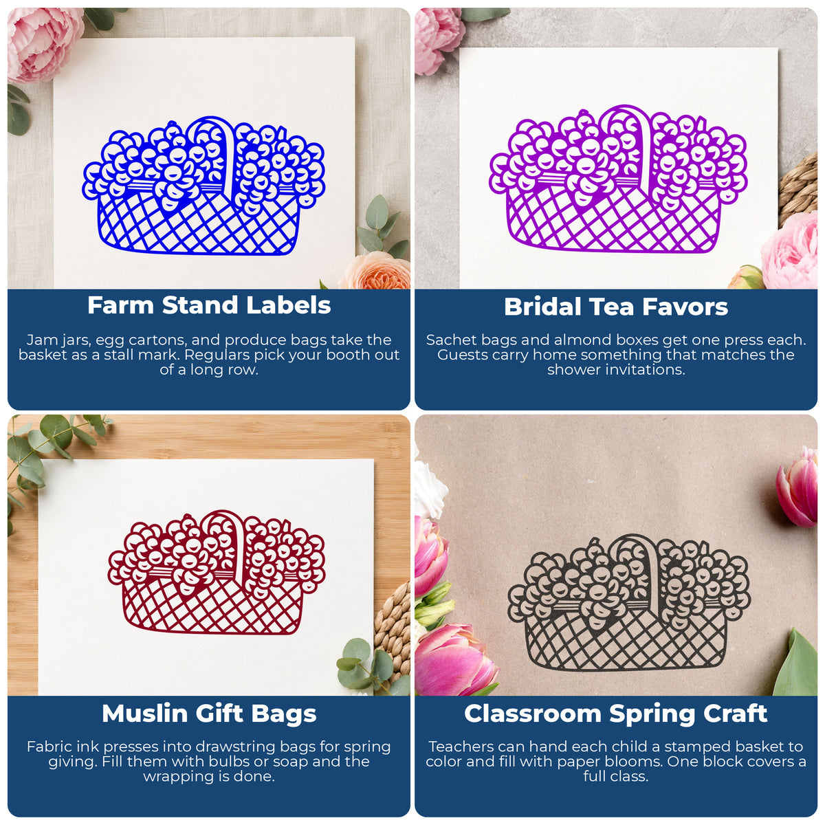 Basket of Flowers Rubber Stamp Small project ideas: Farm Stand Labels, Bridal Tea Favors, Muslin Gift Bags and Classroom Spring Craft.