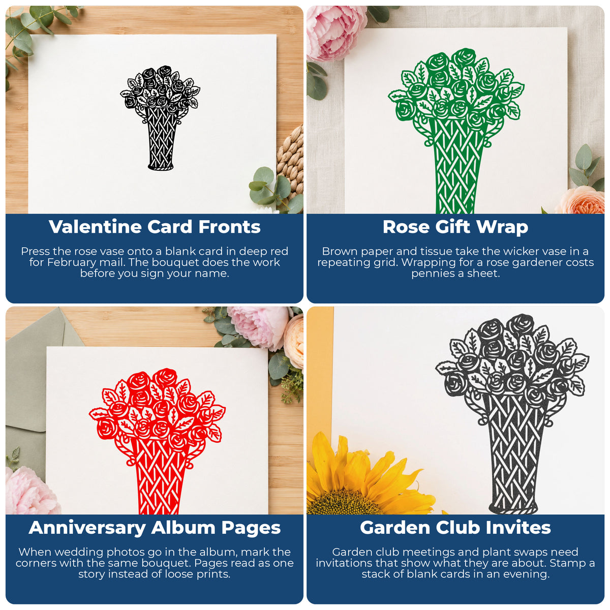 Roses in a Wicker Vase Rubber Stamp project ideas: Valentine Card Fronts, Rose Gift Wrap, Anniversary Album Pages and Garden Club Invites.