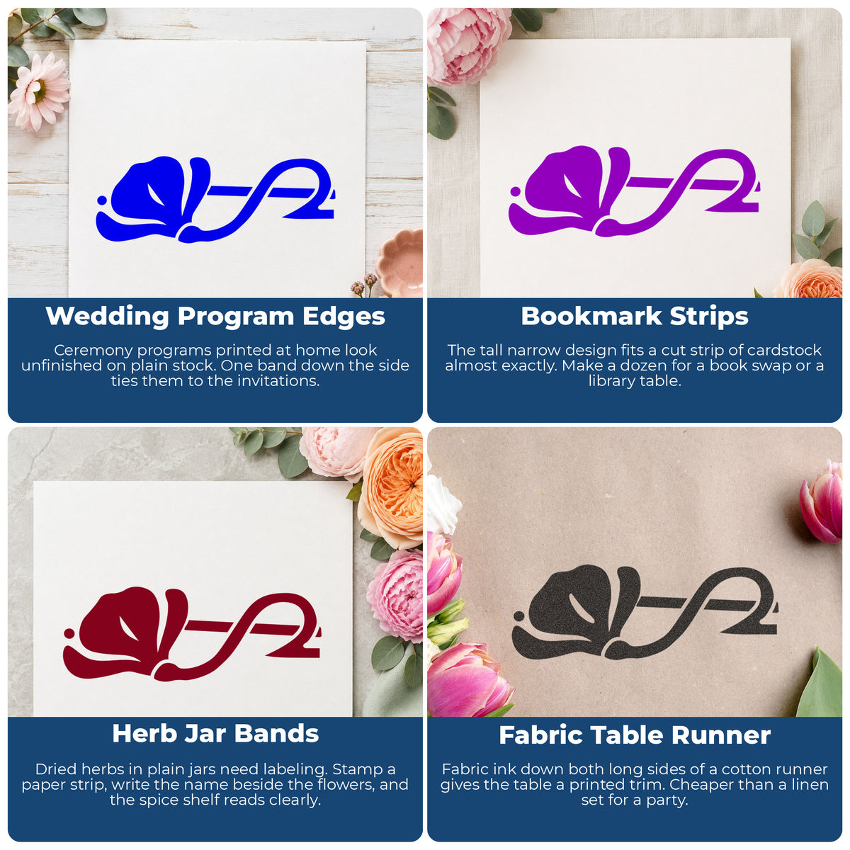 Left Flower Border Rubber Stamp project ideas: Wedding Program Edges, Bookmark Strips, Herb Jar Bands and Fabric Table Runner.